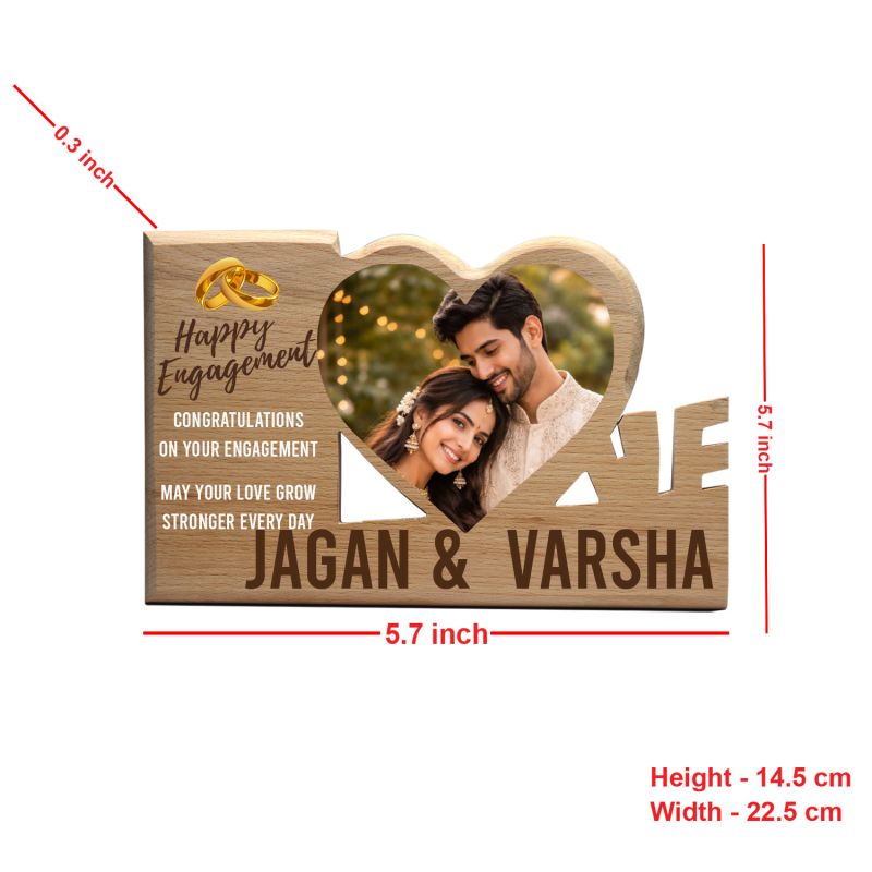 Gift Me Bazar Personalized Happy Engagement Wooden Plaque Customized Couple’s Photo Frame with Names & Heart Cutout  Romantic Engagement Gift for Wife, Husband, or Fiancé